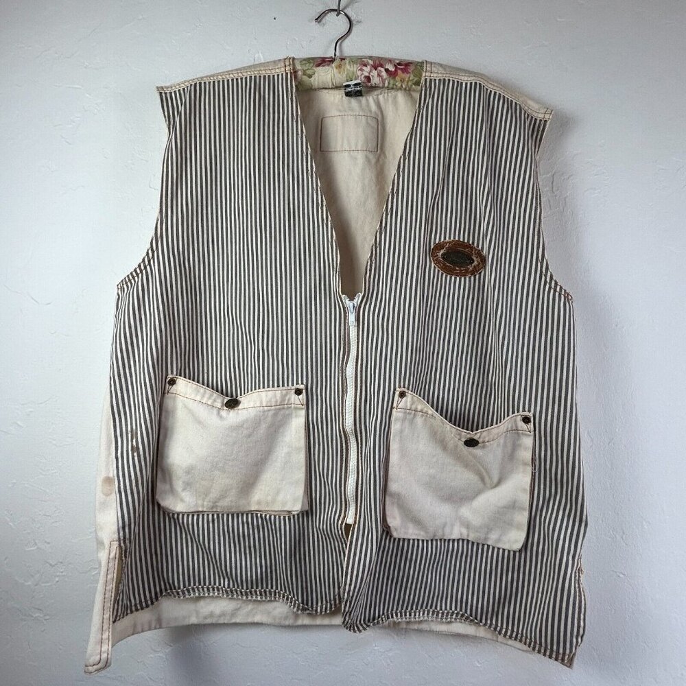 Rococo Wear Striped Zip Front Vest XL Ivory Black Patch Pockets Lightweight USA